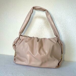 Soft Beige Puffer Shoulder Bag | Slouchy Faux Leather Tote | Gold Ring Detail